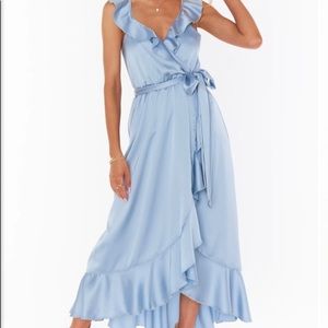 Show Me Your Mumu “Samantha” Bridesmaid Dress in Steel Blue Luxe Satin